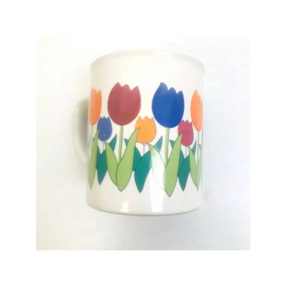 Vintage Coffee Mug Tulips Spring Flowers Cup Blue Red Green Yellow